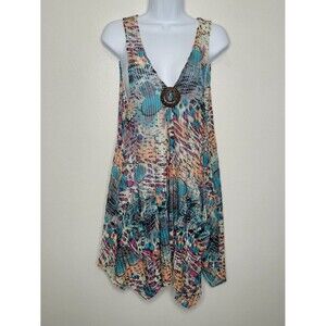 Koko teal mixed print artsy abstract lagenlook front pockets stretch top xl/xxl